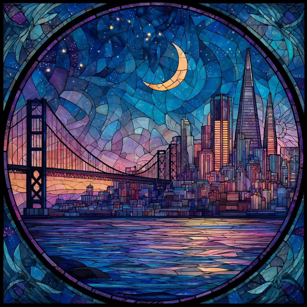 A stunning stained-glass depiction of San Francisco at night. The Golden Gate Bridge stretches across the foreground, leading to a vibrant cityscape under a crescent moon and starry sky.  The artwork's intricate mosaic style uses rich blues, purples, and oranges to capture the city's beauty and the tranquil waters of the bay.  The overall effect is a captivating blend of realism and artistic expression.