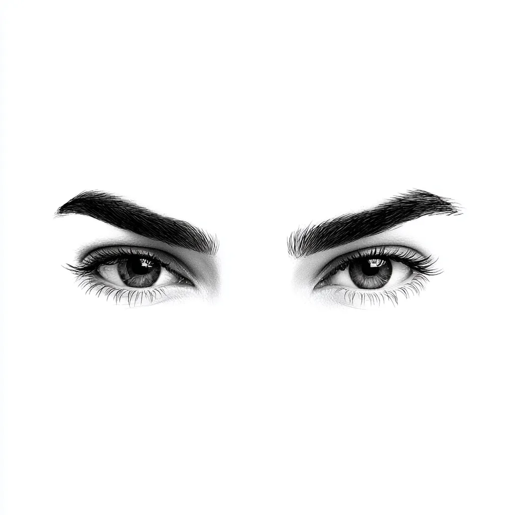 A close-up, black and white illustration showcases a pair of expressive eyes.  Defined eyebrows arch elegantly above the eyes, which possess dark, captivating pupils and long, lush lashes. The detailed rendering creates a striking and intense gaze. The image is minimalist, with the eyes as the sole focus against a stark white background.