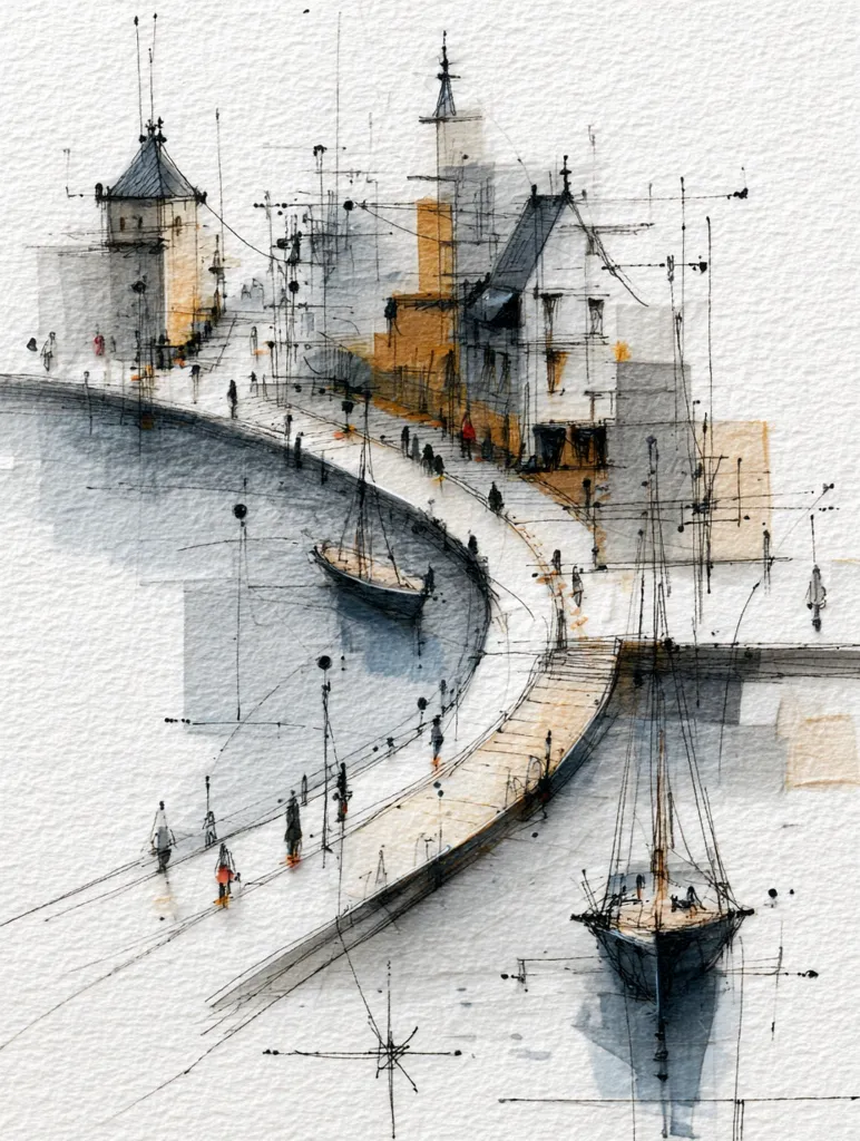 A watercolor painting depicts a tranquil waterfront scene. A curved walkway lined with pedestrians leads past charming buildings, including a tower and a house. Two sailboats are gently moored in the calm water beside the walkway, which curves gently. The artist’s style is loose and impressionistic, using light washes of color and delicate linework to create a sense of atmosphere and movement. The overall mood is peaceful and serene, evocative of a quiet European harbor town.