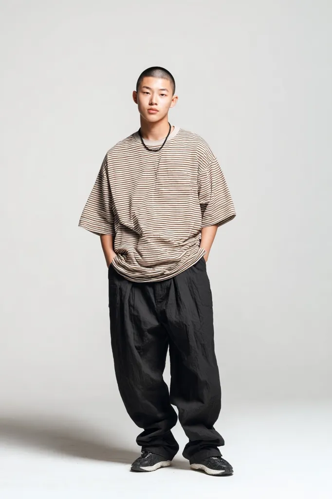 A young man with short, dark hair stands against a light gray background. He's wearing a beige and brown striped oversized t-shirt, black loose-fitting pants, and dark sneakers. His hands are in his pockets, and he maintains a serious expression. The overall style is casual and slightly relaxed.