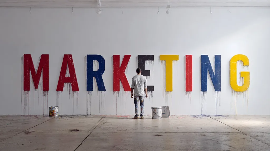 Large, colorful letters spelling "MARKETING" are painted on a white wall, with paint dripping down.  A person in paint-splattered clothing stands facing the wall, back to the viewer, between two paint cans. The setting appears to be a large, empty studio or gallery space. The image is striking and suggests a concept related to the artistic or creative aspects of marketing.