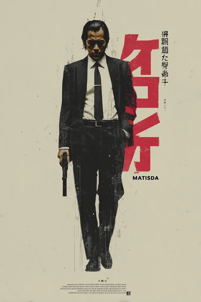 A minimalist movie poster features a man in a suit, walking with a gun in his hand.  The style is stark and graphic, with a distressed, vintage texture.  Japanese text dominates part of the poster, alongside the film title "MATISDA" in a simpler font. The overall mood is serious and evocative of a crime thriller or gangster film.