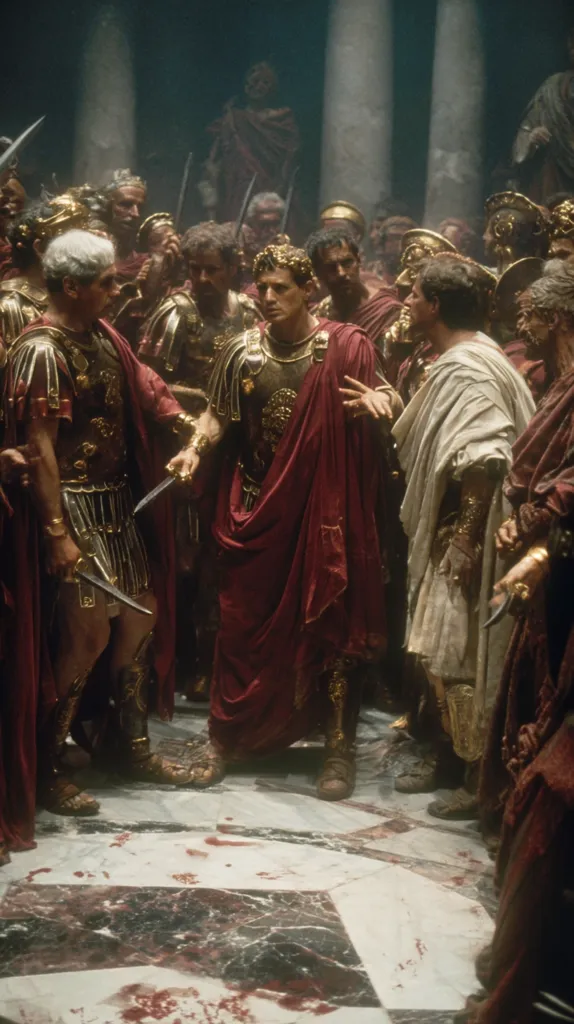 A scene from a historical drama depicts a Roman general, clad in a crimson toga and ornate armor, addressing a group of soldiers.  Blood stains the marble floor, suggesting a recent conflict.  The soldiers, in varying attire, stand attentively around him, some holding weapons. The atmosphere is tense and dramatic, emphasizing the power dynamics within the Roman military. The image is rich in detail, showcasing the costumes and the setting's grandeur.