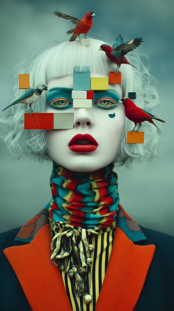 A striking portrait features a model with platinum blonde hair, vibrant makeup, and colorful geometric blocks adorning her face.  Small birds perch on the blocks and her head.  She wears a striking orange and black striped shirt under an orange and dark blue jacket. The overall aesthetic is surreal and artistic, combining elements of fashion photography and visual art.