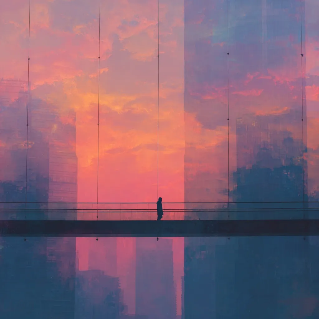 A lone figure walks across a modern skybridge, silhouetted against a vibrant sunset.  Tall buildings reflect the fiery hues of the sky in a mirrored effect. The overall atmosphere is serene and slightly melancholic, evoking a sense of solitude amidst urban grandeur.  The image is stylized, with soft brushstrokes creating a dreamlike quality.