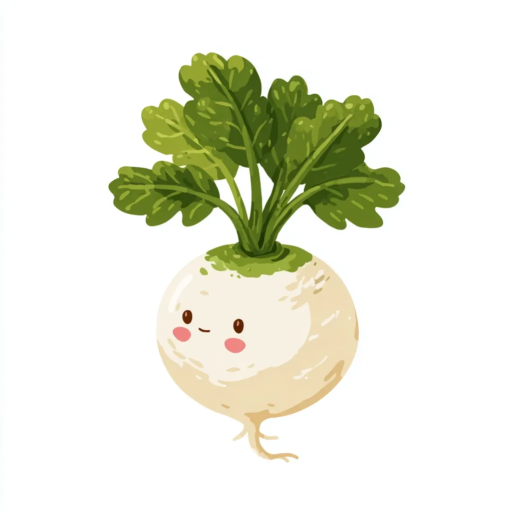 A cartoon turnip with a cute, smiling face is presented.  Its bulb is off-white, and it has a cluster of vibrant green leaves at the top.  The illustration is simple yet expressive, creating a cheerful and appealing image of a common root vegetable.  The style is reminiscent of children's book illustrations.