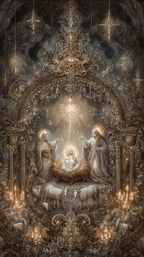 A breathtaking depiction of the Nativity scene, bathed in a soft, ethereal glow. Mary and Joseph flank the infant Jesus in a manger, surrounded by sheep and ornate, gilded architecture.  The celestial background hints at a starry night, creating a sense of wonder and reverence. The image is rich in detail, with a luxurious and opulent aesthetic.  Candles and shimmering lights add to the magical atmosphere.