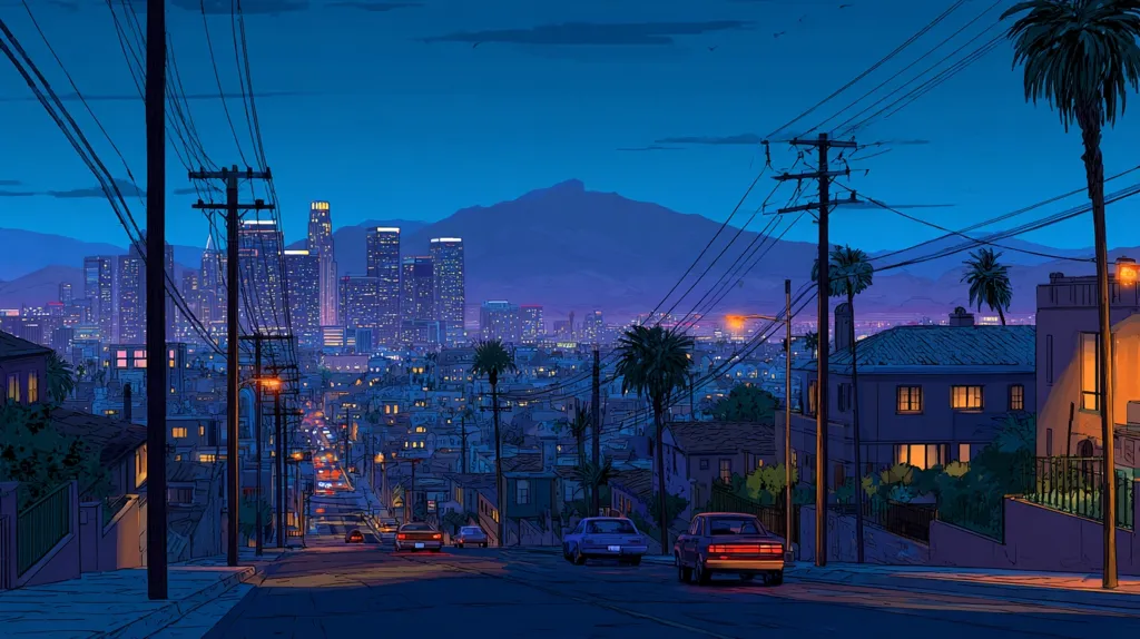 A stylized illustration depicts a Los Angeles cityscape at twilight.  A gently sloping street, lined with houses and palm trees, leads towards a skyline of illuminated skyscrapers.  The mountains loom in the background, silhouetted against the fading light.  Cars are sparsely distributed along the street, adding to the peaceful, nocturnal ambiance. The overall style is reminiscent of a comic book or graphic novel.