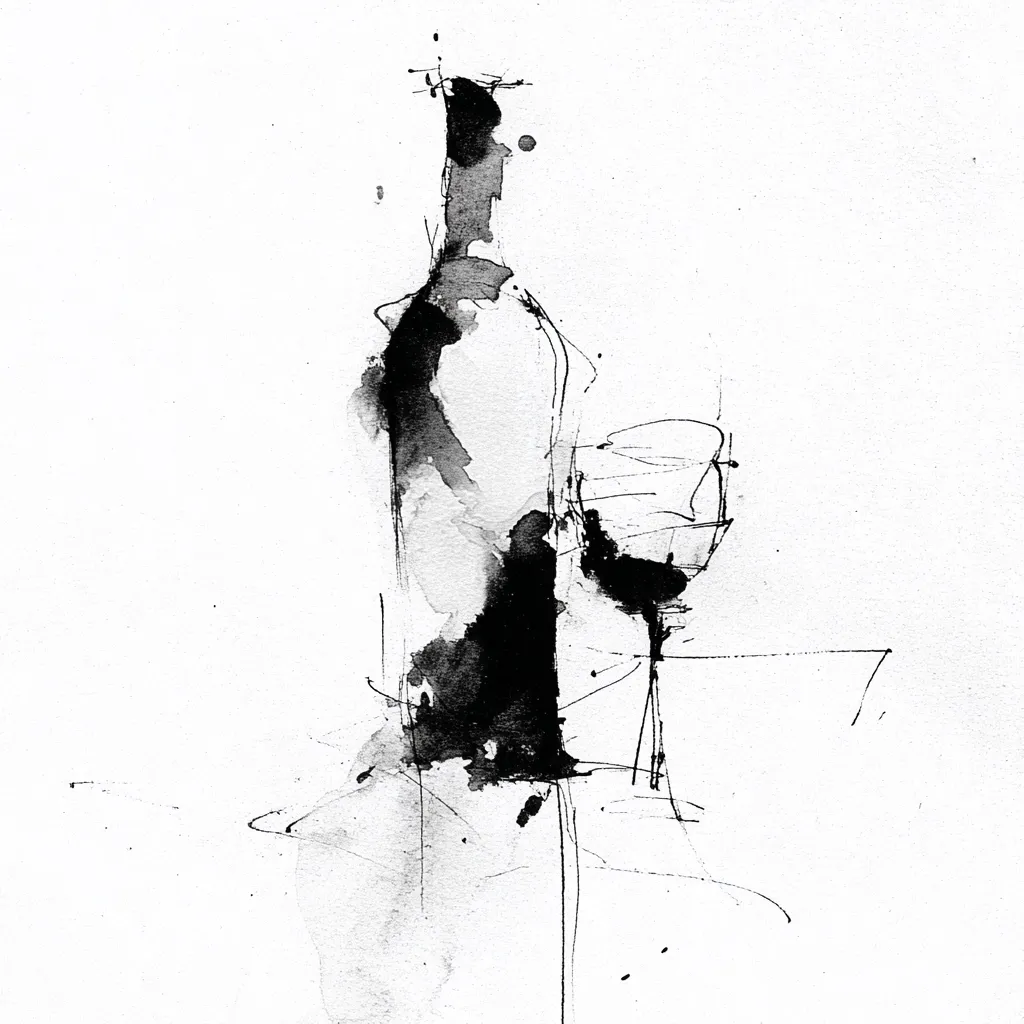 An abstract ink wash painting depicts a wine bottle and glass.  The style is expressive and loose, using black ink washes and gestural lines to suggest form. The bottle dominates the composition, rendered with dark washes and suggestive outlines.  A simple wine glass is placed beside it, outlined with thin, expressive strokes. The overall effect is evocative and atmospheric, emphasizing mood and suggestion rather than precise detail.