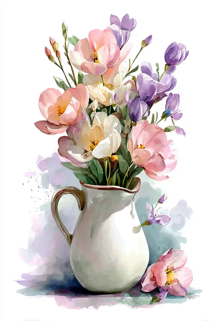 A watercolor painting showcases a bouquet of delicate pink and purple flowers arranged in a cream-colored pitcher.  The flowers, possibly tulips and freesia, are rendered with soft, light strokes, creating a gentle, romantic feel.  A few blossoms rest beside the pitcher on a subtly shaded surface, enhancing the overall serene composition. The style is realistic, yet airy and dreamy due to the watercolor technique.