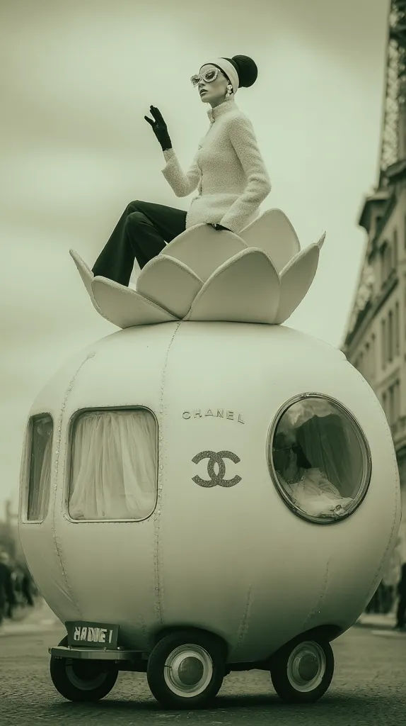 A stylish woman in a white Chanel coat and dark sunglasses sits atop a whimsical, egg-shaped Chanel-branded vehicle.  The vehicle features a window and the iconic Chanel logo. The scene is monochrome, creating a vintage aesthetic. The woman's pose is elegant and slightly aloof, suggesting a high-fashion campaign.  The backdrop hints at a European city street.