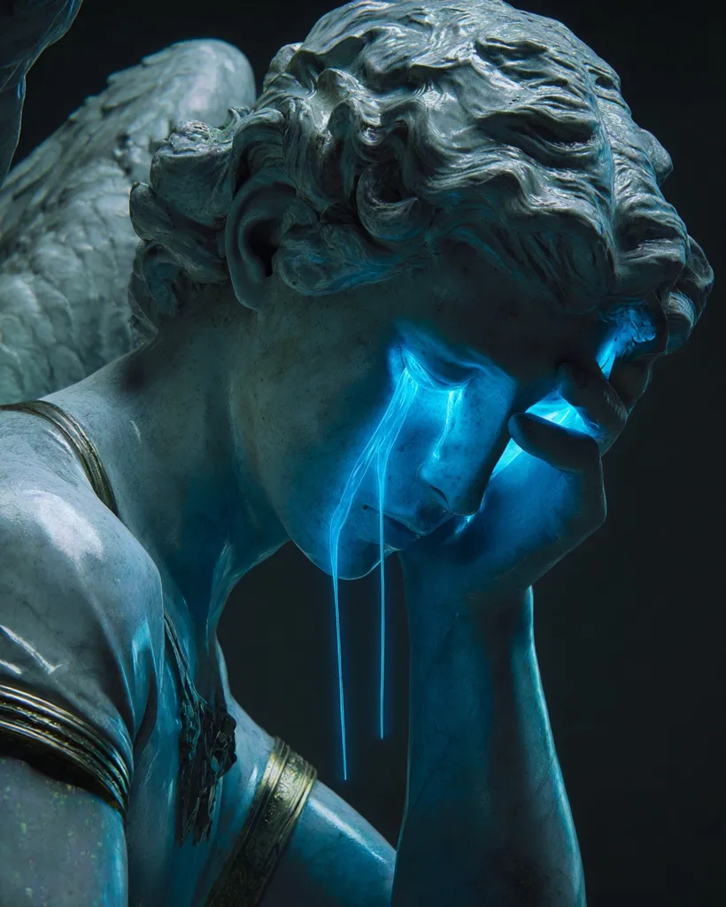 A digital rendering depicts a sorrowful angel statue, its head bowed in grief.  The angel's face is illuminated with a vibrant, ethereal blue light, resembling glowing tears streaming down its cheeks. The dark background accentuates the statue's detailed features and the dramatic lighting effect, creating a poignant and melancholic atmosphere.  The wings are partially visible, adding to the celestial imagery.