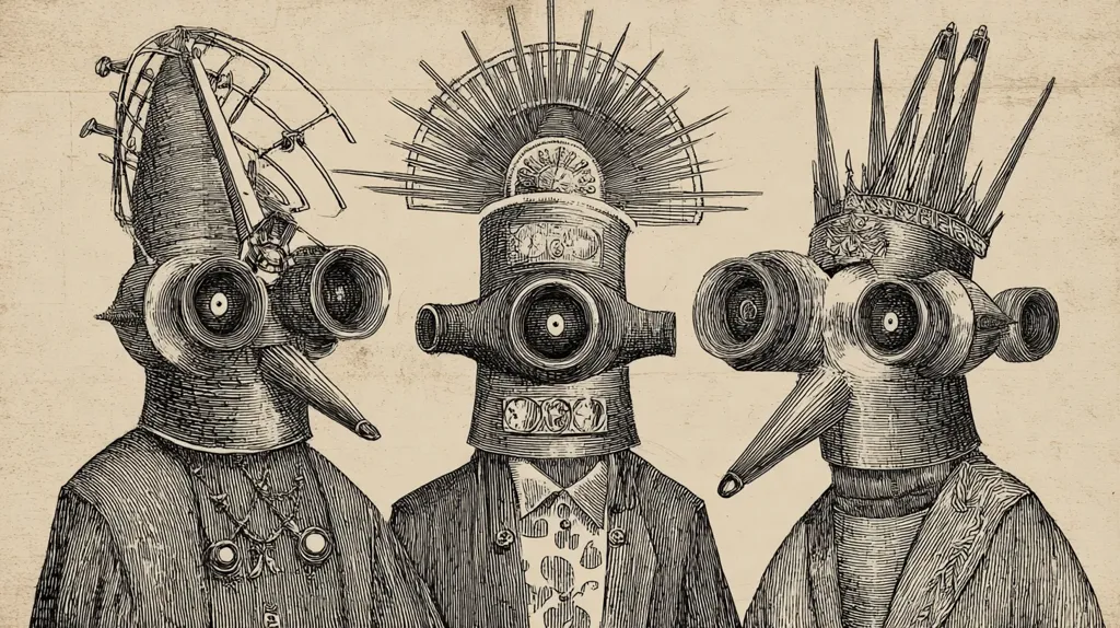 A monochromatic illustration showcases three figures, each adorned with intricate, steampunk-inspired headgear. The helmets, featuring circular elements reminiscent of goggles or turbines, are unique in design. The central figure's headpiece is topped with a sunburst-like ornament, while the figure to the right wears a crown-like structure. The figures are depicted in formal attire, adding to the surreal and imaginative nature of the artwork.  The style evokes a sense of both vintage and futuristic design aesthetics.