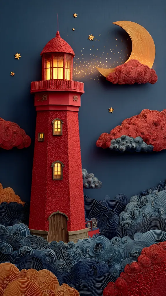 A vibrant paper art piece depicts a red lighthouse standing tall amidst swirling, textured waves.  A golden crescent moon, adorned with red paper clouds, hangs above, with sparkling light emanating from the lighthouse, creating a magical, nighttime scene.  The detailed craftsmanship and rich colors evoke a whimsical, fairytale atmosphere.  Small stars are scattered across the deep blue background.