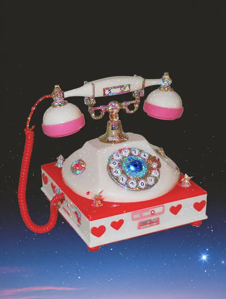 A sparkly, pink and white rotary telephone floats against a starry backdrop.  The phone is adorned with glitter and rhinestones, and its base features small hearts. The red cord contrasts against the pastel colors. The image has a whimsical, dreamy aesthetic, suggesting a fantastical or playful mood.