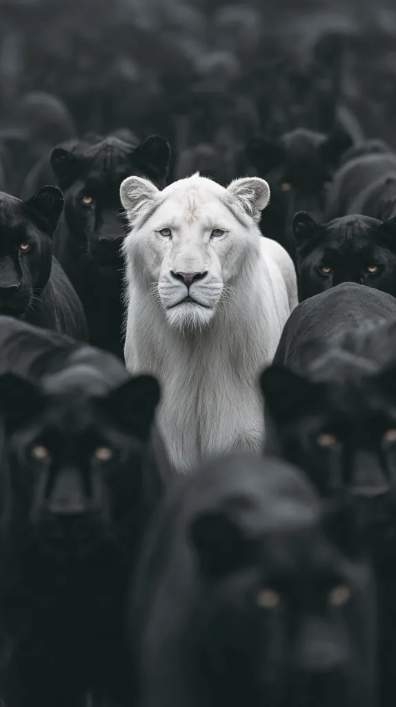 A majestic white lion stands out amidst a crowd of black panthers.  The contrasting colors and the lion's calm demeanor create a striking visual. The image evokes a sense of uniqueness and resilience, showcasing the lion's strength and individuality in a sea of dark predators. The overall mood is serious and powerful.