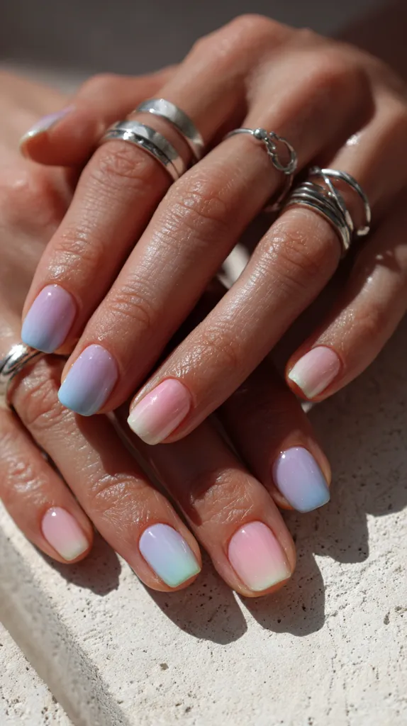 Close-up of hands with pastel ombre nails.  Each nail features a soft gradient of pink, blue, and purple.  Several silver rings adorn the fingers. The image is well-lit, highlighting the delicate nail polish and the subtle textures of the skin and rings.  The background is a light, textured surface.