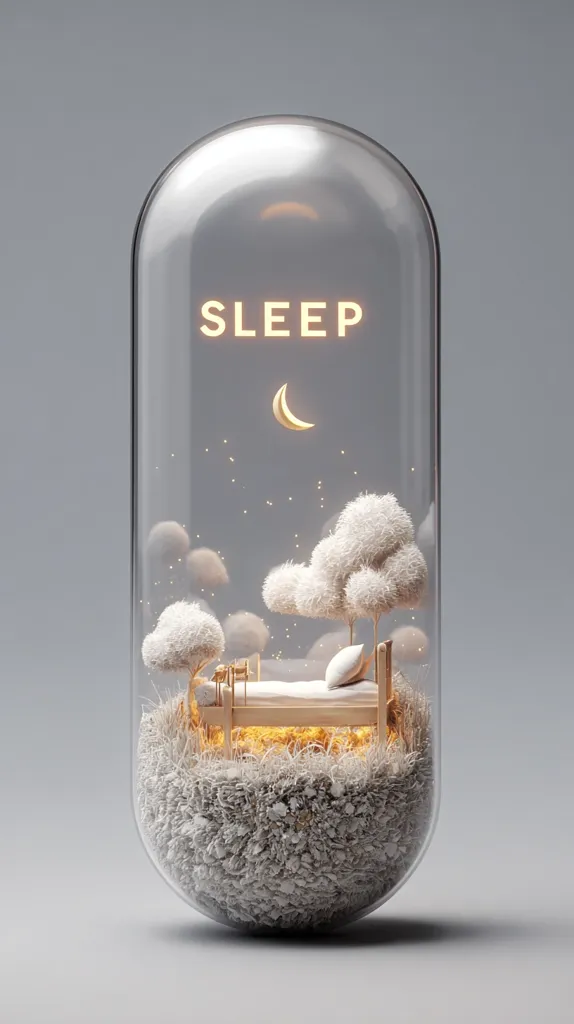 A glass capsule, resembling a giant pill, contains a miniature idyllic scene: a bed nestled among fluffy white trees under a crescent moon.  The word "SLEEP" glows softly above.  The scene evokes a feeling of peaceful rest and dreams, encapsulated within the transparent vessel.  The overall aesthetic is serene and calming.