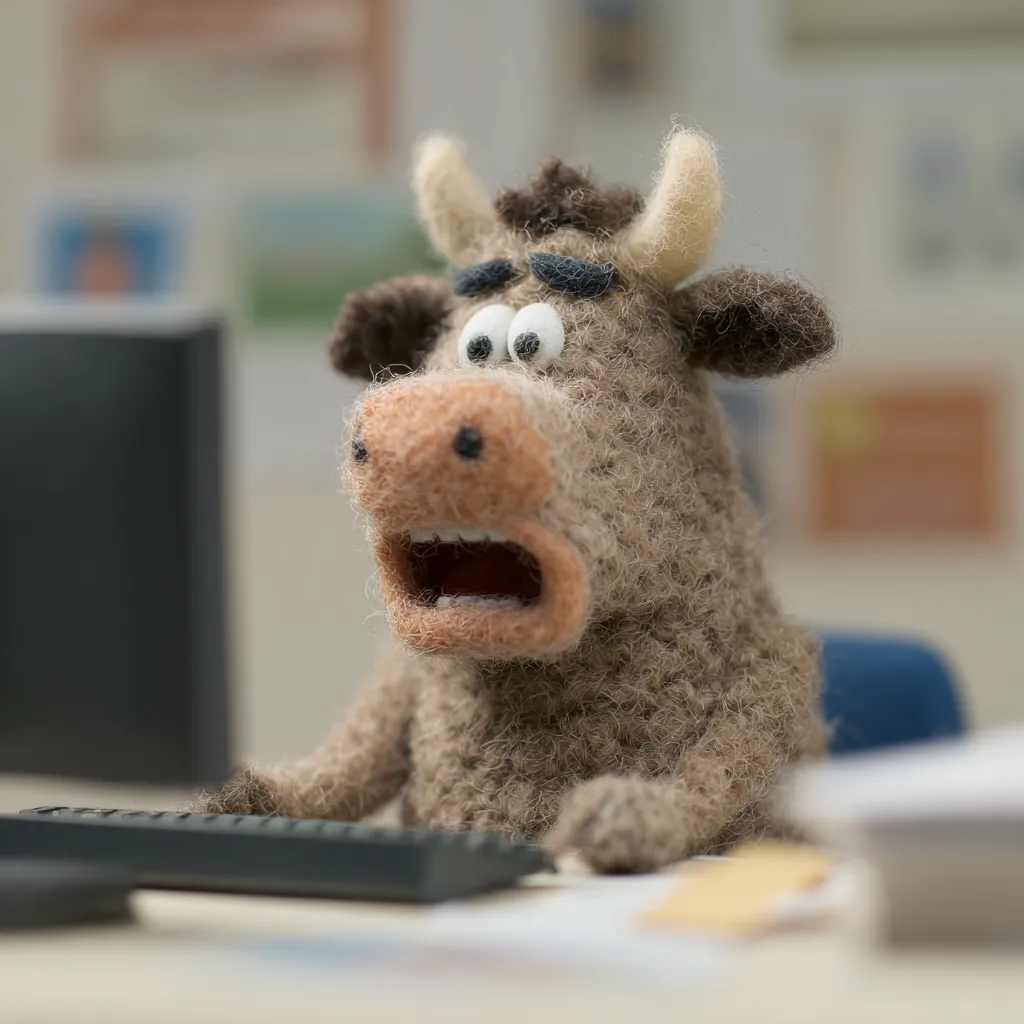 A brown, furry bull puppet sits at a computer keyboard, its mouth agape in a look of shock or surprise.  The bull's large, expressive eyes widen, enhancing the startled expression.  The setting appears to be an office, with blurred background elements suggesting papers and other office paraphernalia. The overall feel is one of comedic surprise or alarm.