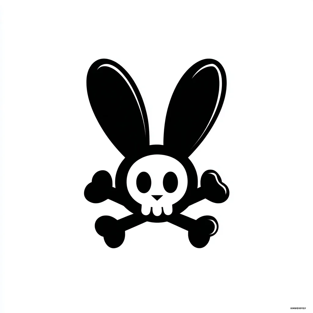 A black and white illustration of a cartoon rabbit skull with large ears.  The skull is superimposed on crossed bones, creating a playful yet slightly morbid image. The style is simple and graphic, suitable for a logo or design element. The contrast between the cute rabbit ears and the skull creates a striking visual effect.