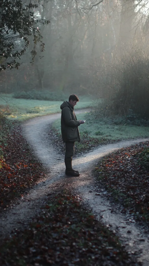 A man in a dark green jacket and boots stands at a fork in a path, holding something small in his hands.  He is looking down, seemingly contemplating his next move. The path is leaf-strewn and damp, winding through a misty, sun-dappled woodland. The atmosphere is serene and slightly mysterious.