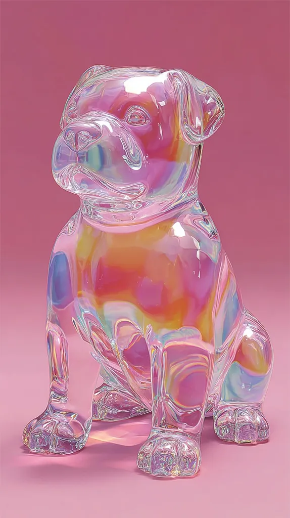 A translucent, iridescent glass sculpture of a pug dog sits on a pink background.  The figurine is detailed, showing the pug's characteristic features.  The glass displays a rainbow of colors, creating a captivating, almost ethereal effect. The light catches the glass, highlighting its smooth curves and reflecting the pink backdrop.  The overall impression is one of whimsical elegance.