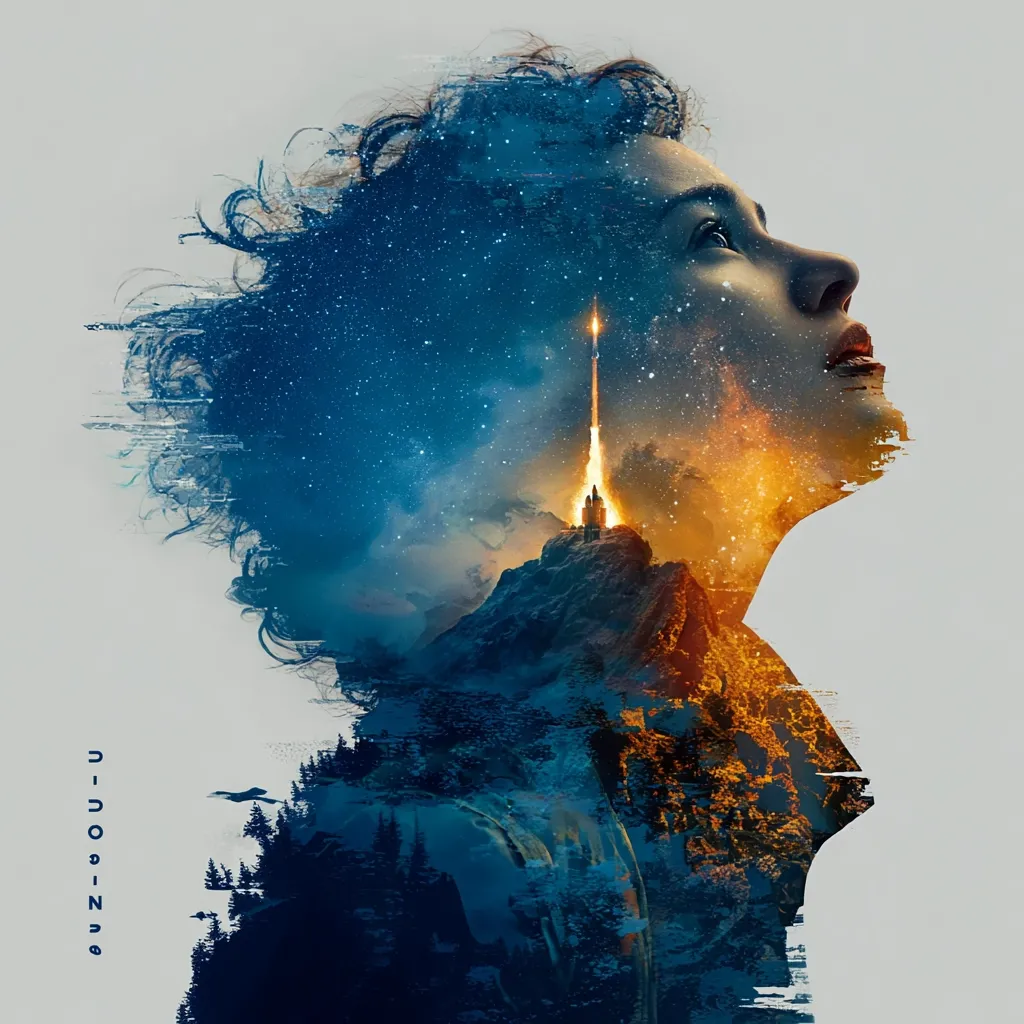 A double exposure image depicts a woman's profile superimposed onto a fantastical landscape.  Her curly hair blends with a starry night sky, while a rocket launches from a mountaintop castle within her form.  The vibrant colors and surreal composition evoke a sense of wonder and aspiration, suggesting a journey of self-discovery or a leap into the unknown.  The overall effect is dreamlike and inspiring.