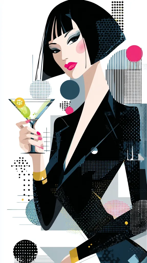 A stylish woman with a bob haircut holds a martini glass. She's dressed in a dark blazer against a backdrop of geometric shapes and patterns in black, white, and pink. The illustration is a vibrant mix of fashion and abstract art, with the woman's sophisticated pose and the bold graphic elements creating a striking visual.  The overall style is modern and chic.