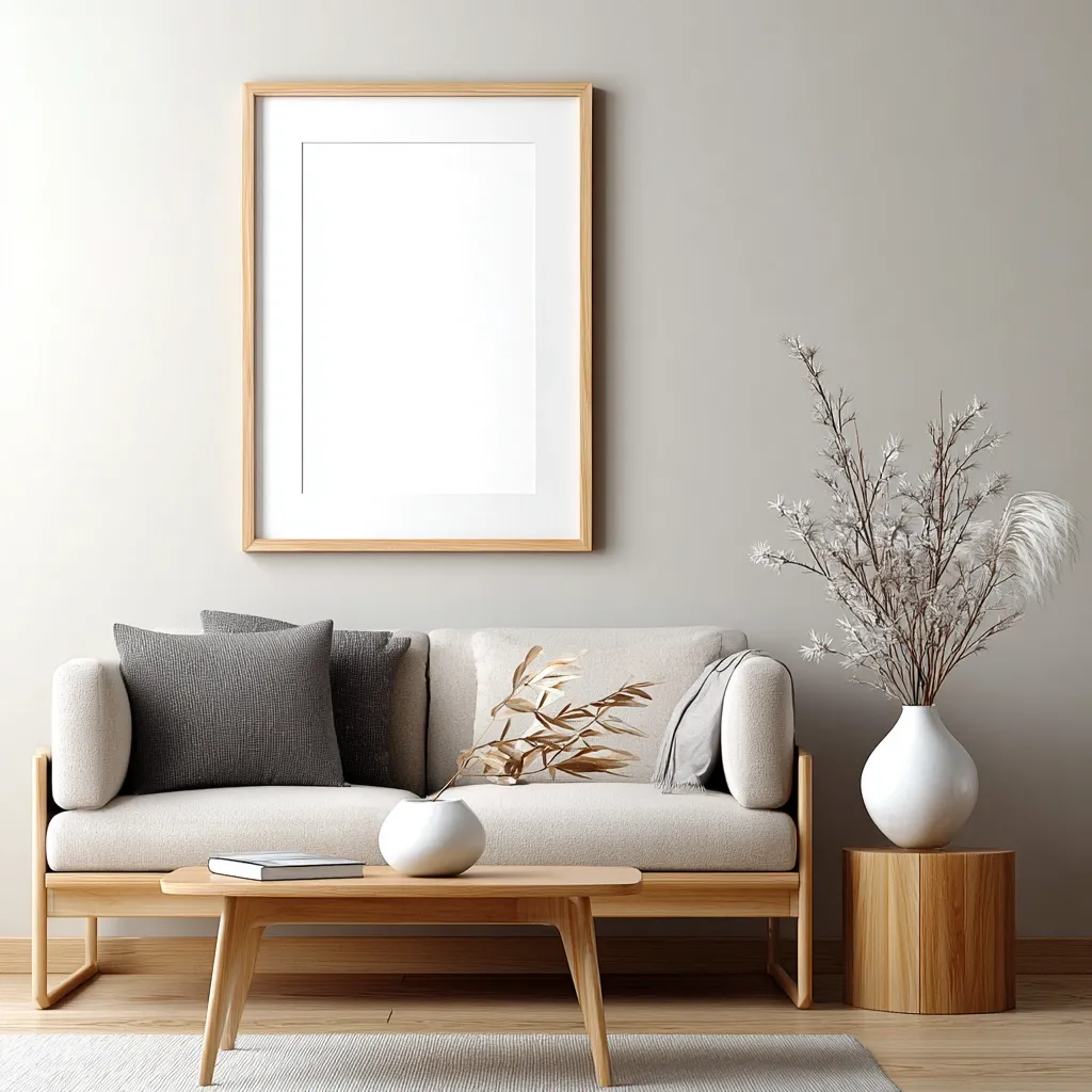 A minimalist living room features a light beige couch with dark gray pillows, a light wood coffee table, and a simple wooden side table with a white vase holding dried branches.  A large, blank, light wood frame hangs on the wall above the couch. The overall aesthetic is calm and serene, emphasizing natural textures and neutral tones.