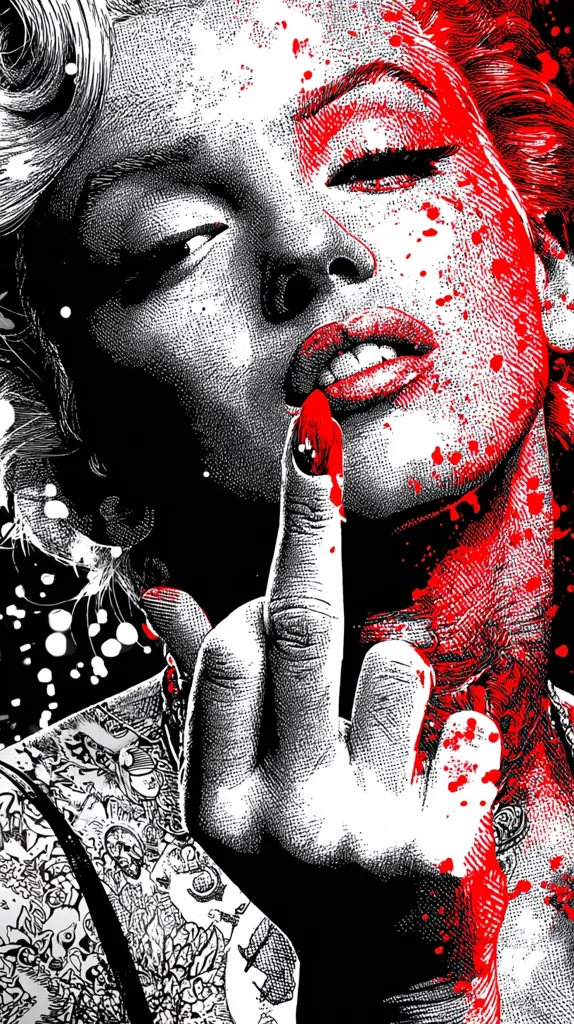 A stylized black and white portrait of Marilyn Monroe with red splatter accents.  She's giving the middle finger, a rebellious gesture contrasting her classic image.  Intricate detailing shows her face and a heavily tattooed shoulder and arm.  The red splatters suggest violence or a provocative statement, creating a bold and confrontational piece.