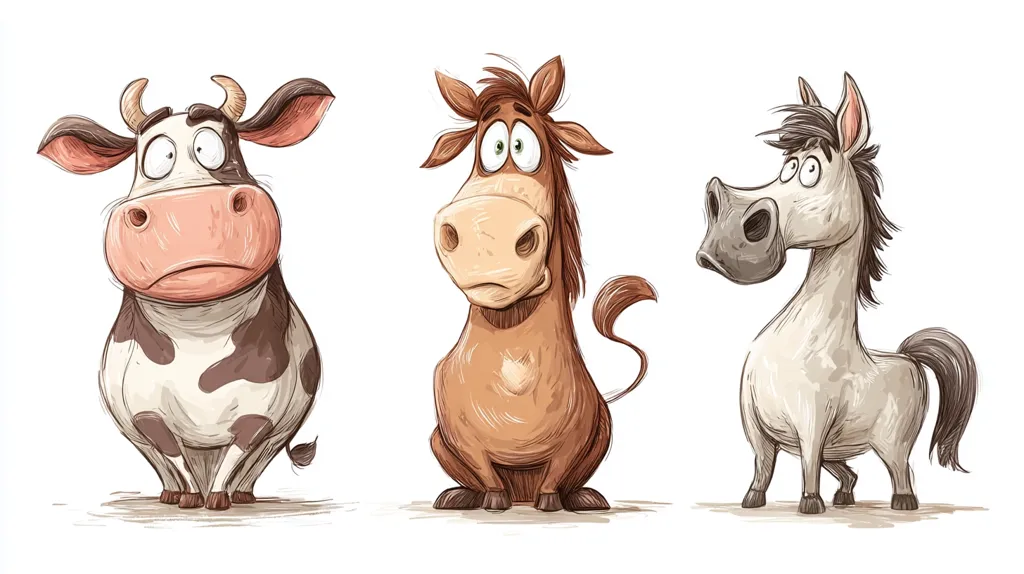 A cartoon illustration showcases a cow, a horse, and a pony, each with exaggerated features.  The cow is black and white, the horse is brown, and the pony is light grey.  All three animals possess large, expressive eyes and appear slightly bewildered or surprised.  The style is whimsical and humorous.