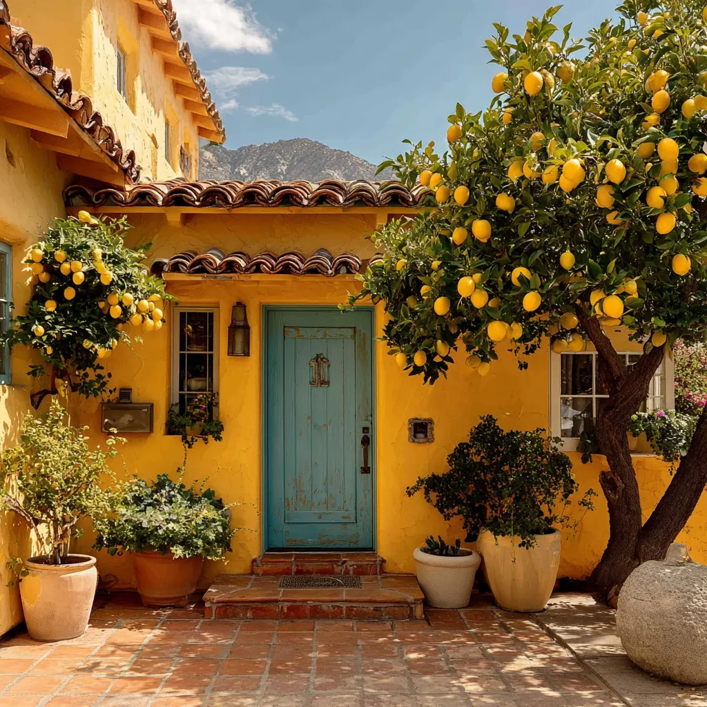 A sunny yellow house with a weathered teal door is flanked by two lemon trees laden with fruit.  Terracotta pots overflowing with greenery and smaller plants line the entryway.  The tiled patio and the backdrop of mountains create a picturesque Mediterranean scene. The overall aesthetic is bright, cheerful, and inviting.