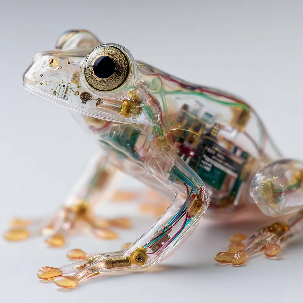 A transparent robotic frog is showcased, its internal circuitry and mechanics clearly visible.  The intricate design reveals miniature electronic components and wiring throughout the frog's body, mimicking its skeletal structure.  The frog's eyes are detailed with gold accents, adding a touch of elegance to the robotic creation. The image highlights the fusion of nature and technology.