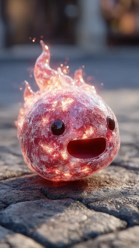 A charming, animated creature resembling a fiery, translucent blob rests on a cobblestone surface.  Its body glows with internal light, and small sparkles emanate from its surface.  The creature has large, expressive eyes and a cheerful, open mouth, conveying a friendly and playful demeanor.  Its flame-like top adds to its whimsical appearance.