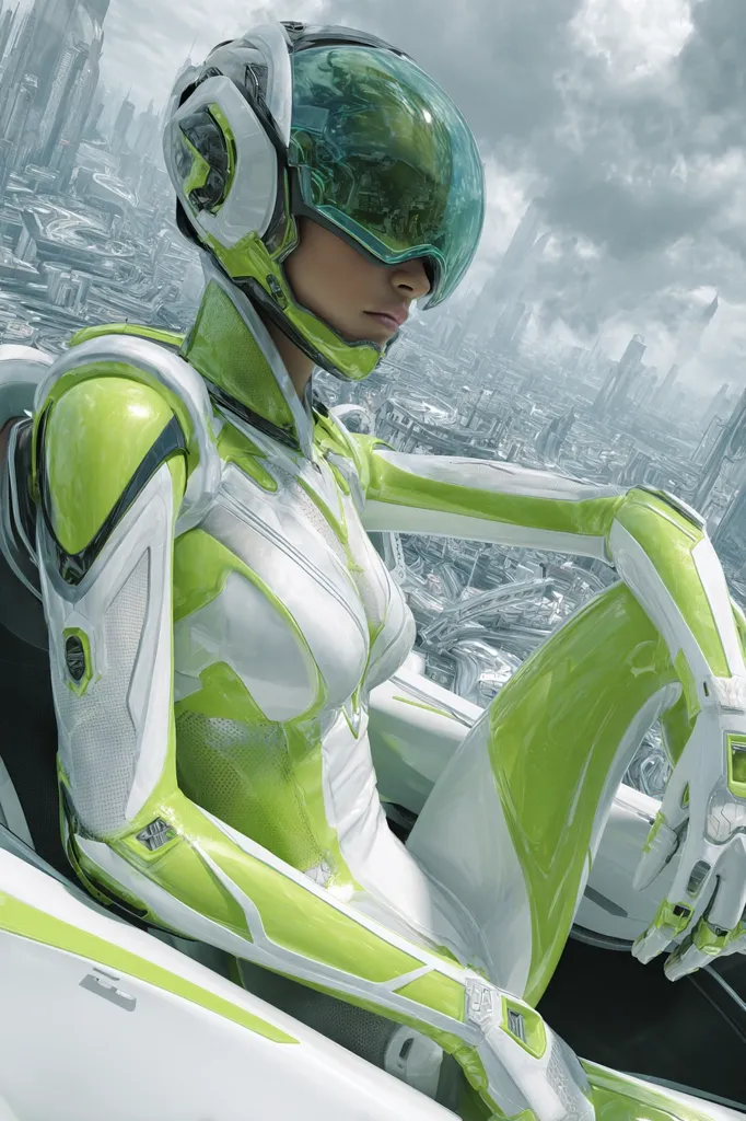 A futuristic female figure, clad in a sleek lime-green and white suit, sits in a vehicle. Her helmet's visor is down, revealing only her face.  The backdrop showcases a sprawling, futuristic cityscape with towering structures under a cloudy sky. The image is highly stylized, emphasizing the technological and design elements of the suit and setting.