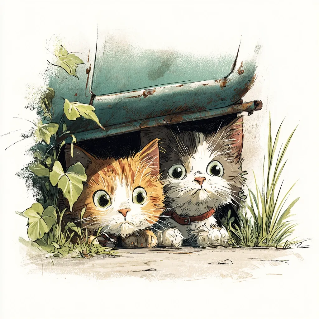 Two adorable kittens peek out from beneath a rusty, green metal structure.  One is ginger with white markings, the other is grey and white.  They are nestled amongst greenery, their large, curious eyes gazing directly at the viewer.  The overall style is whimsical and slightly melancholic, hinting at a story of abandoned but endearing creatures.