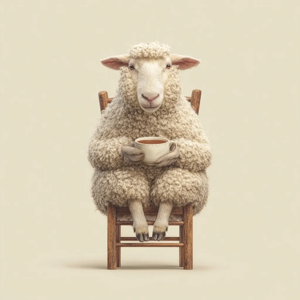 A fluffy sheep sits in a wooden chair, contentedly holding a small cup of tea.  The sheep is dressed in its natural fleece, appearing calm and serene.  The image is set against a muted beige background, creating a peaceful and whimsical scene. The overall style is digitally created and photorealistic.