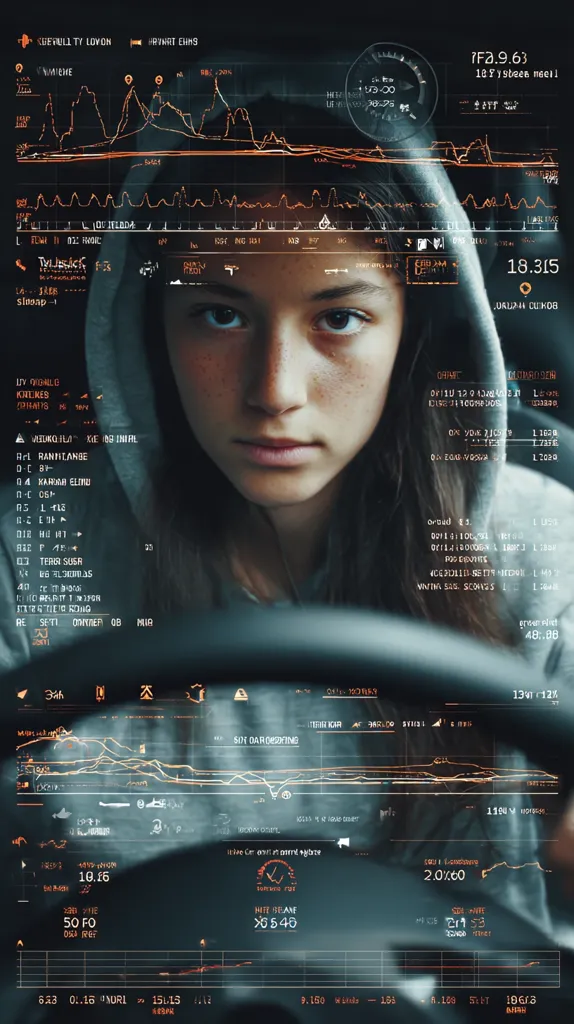 A young woman in a hooded sweatshirt sits behind the wheel of a car, her face partially obscured by the dark fabric.  A futuristic heads-up display overlays the scene, displaying graphs, data streams, and alphanumeric codes in orange against a dark background.  The dashboard information appears technologically advanced, suggesting a sci-fi or cyberpunk setting. The woman's expression is serious and focused.