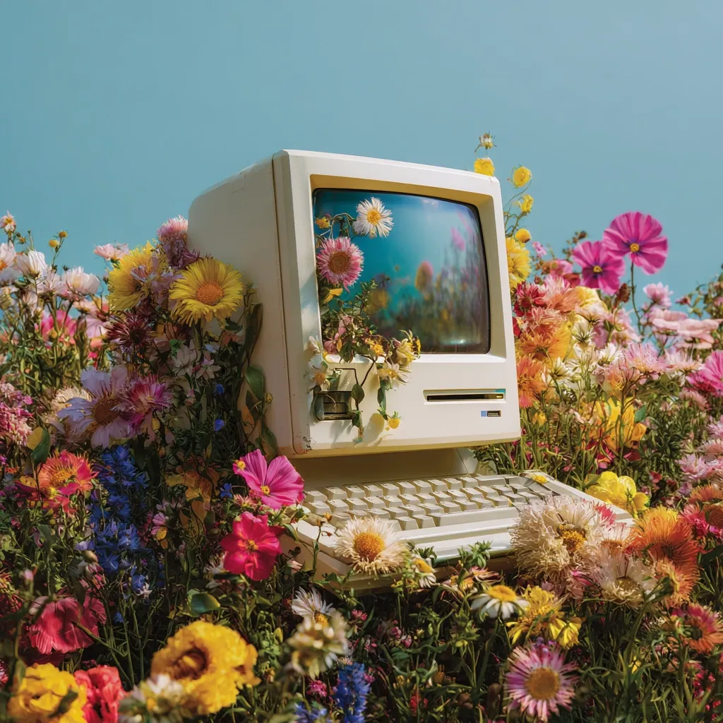 A vintage off-white computer monitor and keyboard are nestled amidst a vibrant, colorful wildflower meadow under a clear blue sky.  Flowers of various shapes, sizes, and colors completely surround the technology, creating a surreal juxtaposition of nature and technology. The screen reflects a blurred image of a similar flowery scene.  The overall aesthetic is bright, cheerful, and whimsical.