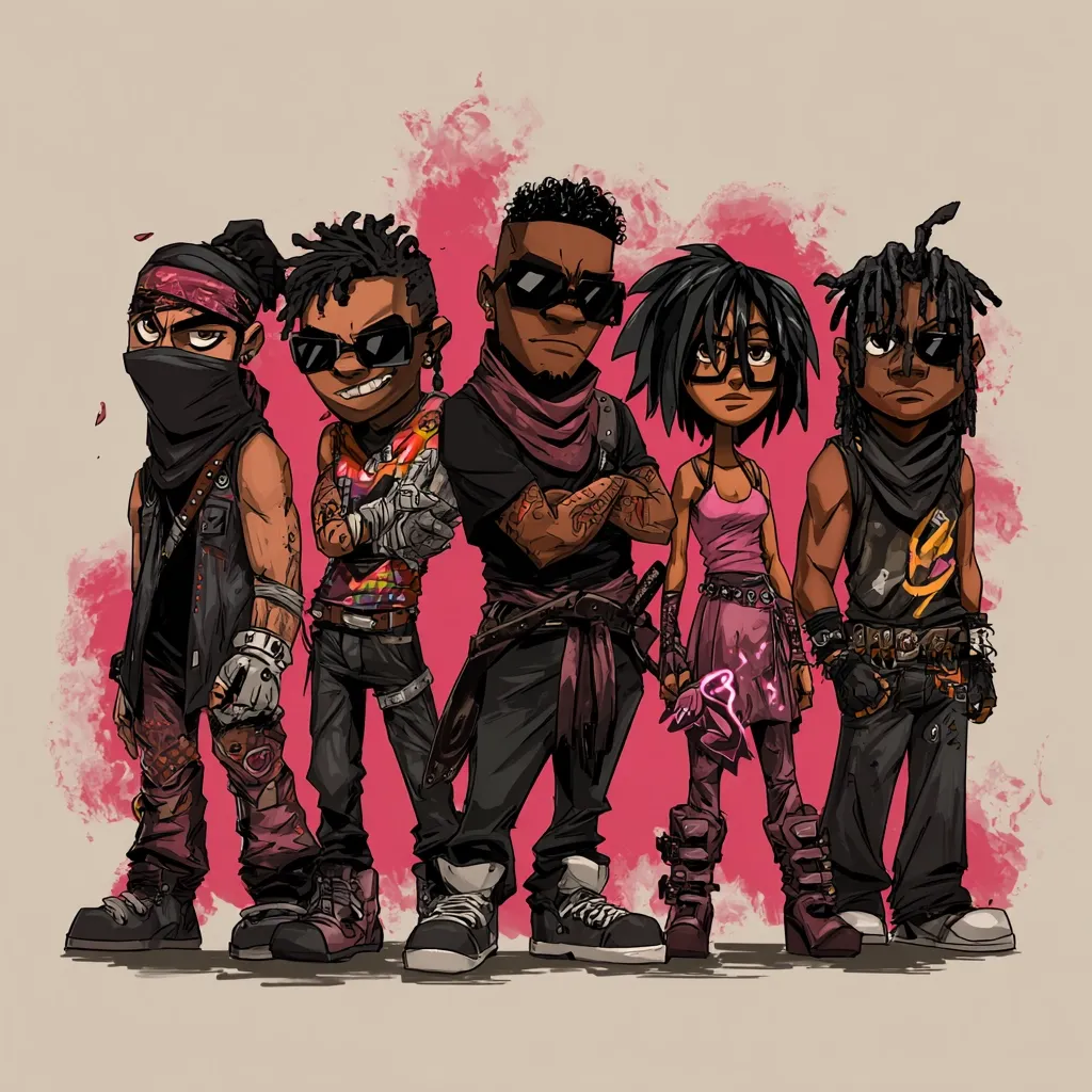 A stylized illustration showcases a five-member band, each member exhibiting a unique punk-inspired aesthetic.  The characters, rendered in a cartoonish style, are clad in dark clothing accented with vibrant pink and purple hues.  They sport diverse hairstyles and accessories like bandanas, sunglasses, and studded belts, creating a visually striking and cohesive group portrait.  The background features a soft pink wash, enhancing the overall edgy yet playful vibe.