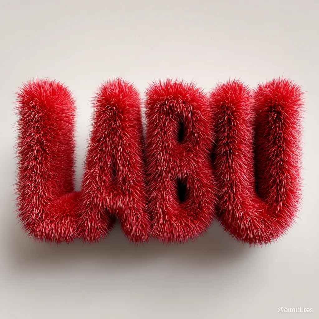 The word "LABU" is depicted in a three-dimensional, furry red typeface.  Each letter is rendered with a dense, textured appearance, resembling a plush, crimson material. The letters are presented against a simple, light gray background, highlighting the texture and form of the furry lettering. The overall effect is soft, playful, and visually striking.