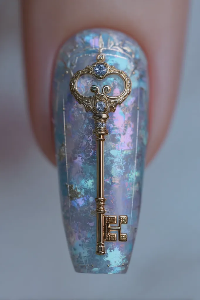 A close-up showcases an intricately designed nail featuring a gold key charm.  The key, adorned with small jewels, is set against a backdrop of iridescent, light blue nail polish with a subtle, frosty texture.  The overall effect is elegant and whimsical, suggesting a fairytale or fantasy theme.  The nail is long and shaped like a stiletto.
