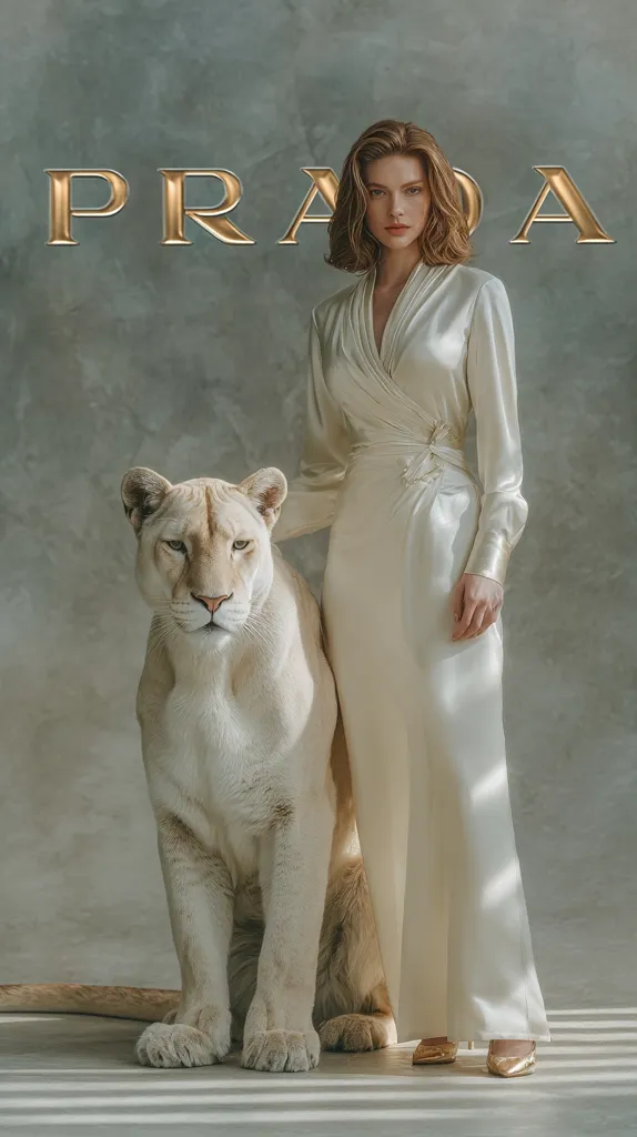 A woman in a flowing, cream-colored Prada jumpsuit stands beside a majestic white lion.  The setting is minimalist, with a textured grey backdrop. The gold Prada logo is prominently displayed above. The image exudes elegance and a sense of quiet power, juxtaposing the woman's sophistication with the lion's wild beauty. The overall mood is serene and luxurious.