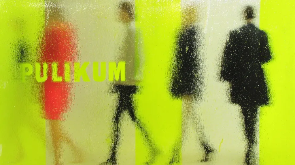 Blurred figures of people, partially visible through a misted glass surface, walk past a bright yellow background. The word "PULIKUM," suggesting "audience" in some language, is prominently displayed on the glass. The image conveys a sense of anonymity and movement, with the condensation obscuring clear identification.  The contrasting colors and the partially obscured figures add to the abstract quality of the piece.