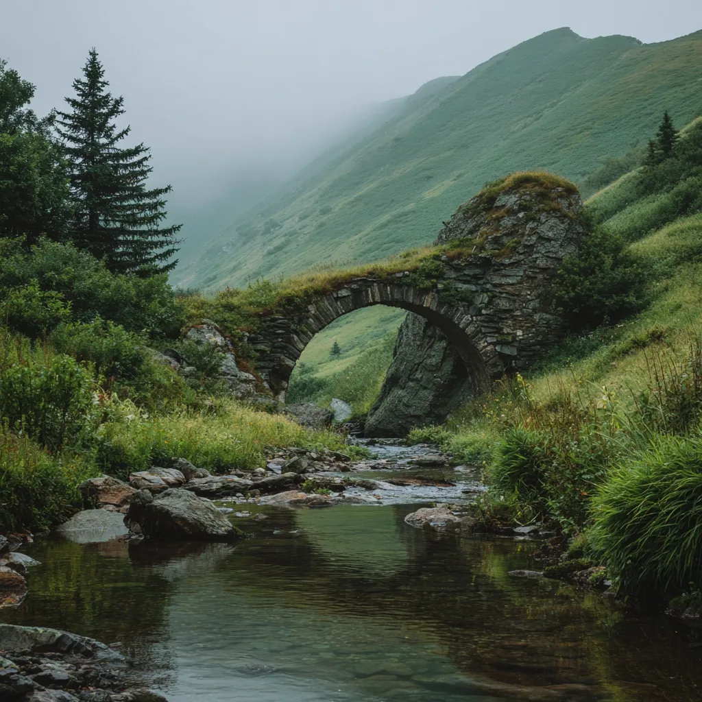 A moss-covered stone arch bridge spans a tranquil stream nestled in a lush, green mountain valley.  Mist hangs in the air, softening the contours of the rolling hills.  Lush vegetation surrounds the bridge and stream, creating a serene and secluded atmosphere. The scene evokes a sense of peace and the passage of time.