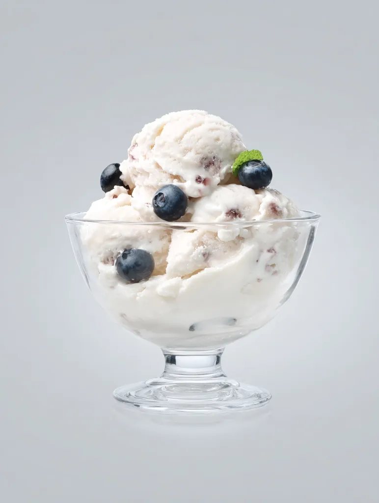 A clear glass dessert bowl holds a scoop of creamy vanilla ice cream, speckled with blueberries.  A few fresh blueberries and a sprig of mint garnish the top.  The ice cream is softly piled, and the bowl sits on a plain grey background. The overall image is clean and evokes a feeling of refreshing coolness.