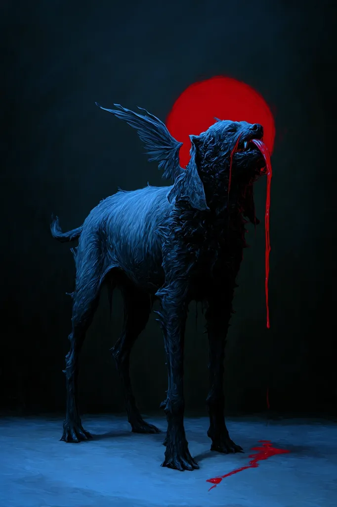 A dark, demonic canine creature with feathered wings stands against a backdrop of a blood-red sun.  Its body is textured and seemingly decaying, with a viscous red substance dripping from its mouth. The overall mood is dark and ominous, suggesting a supernatural or hellish theme.  The creature's posture is defiant, and the blood adds to the image's violent and unsettling tone.