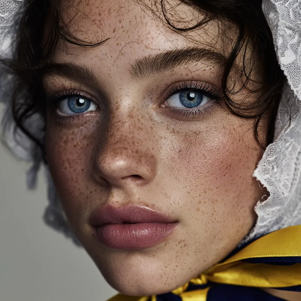 Close-up portrait of a young woman with freckles and light blue eyes.  Her dark, curly hair is partially covered by a white lace bonnet tied with a yellow ribbon.  The image focuses on her detailed complexion and expressive features, creating a soft yet striking visual.  Her makeup is subtle and enhances her natural beauty.