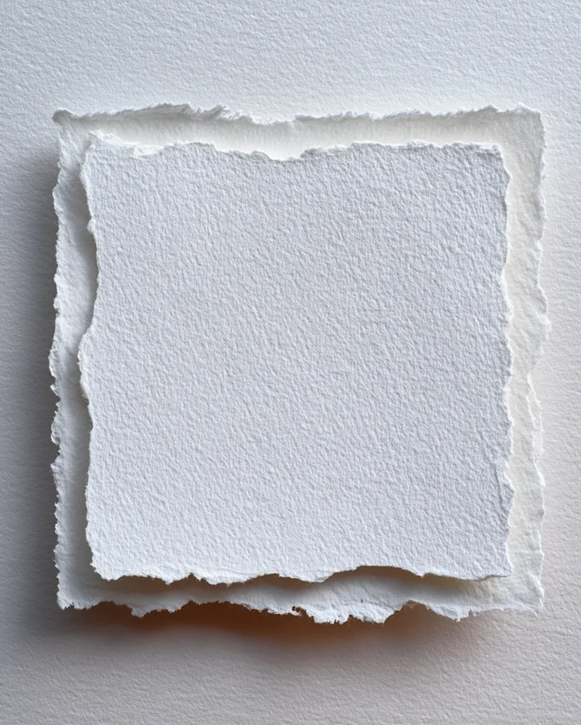 Two sheets of textured, off-white handmade paper are layered, the top sheet slightly smaller, creating a deckled edge effect.  The paper has a rough, uneven surface with visible fibers. The overall appearance is minimalist and suggests a blank space for writing or art. The neutral color palette is calming and understated.