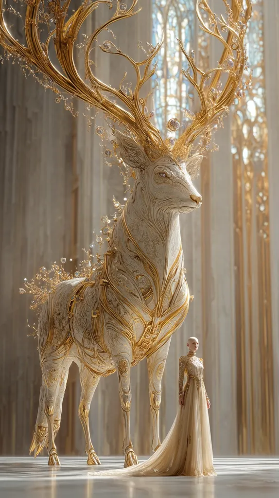 A digital rendering depicts an ornate, golden-white stag with elaborate antlers, standing in a grand, light-filled hall.  The stag's body is intricately detailed, appearing almost sculpted, with gold accents highlighting its form. A woman in a flowing, gold-embroidered gown stands beside it, creating a scene of ethereal beauty and elegance. The overall aesthetic is luxurious and fantastical.